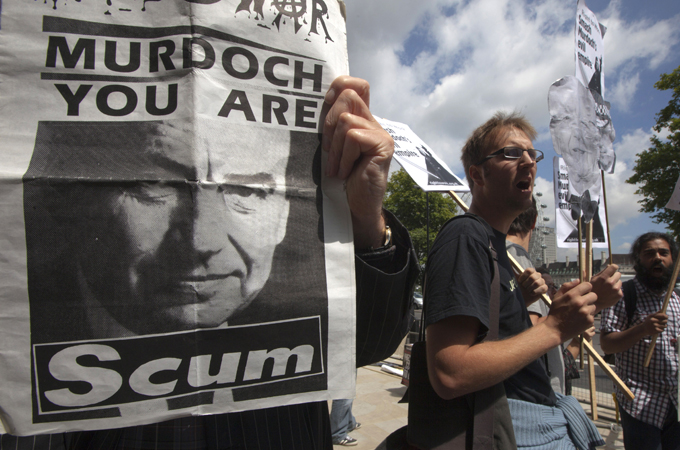 anti-Murdoch slogans at a protest in London