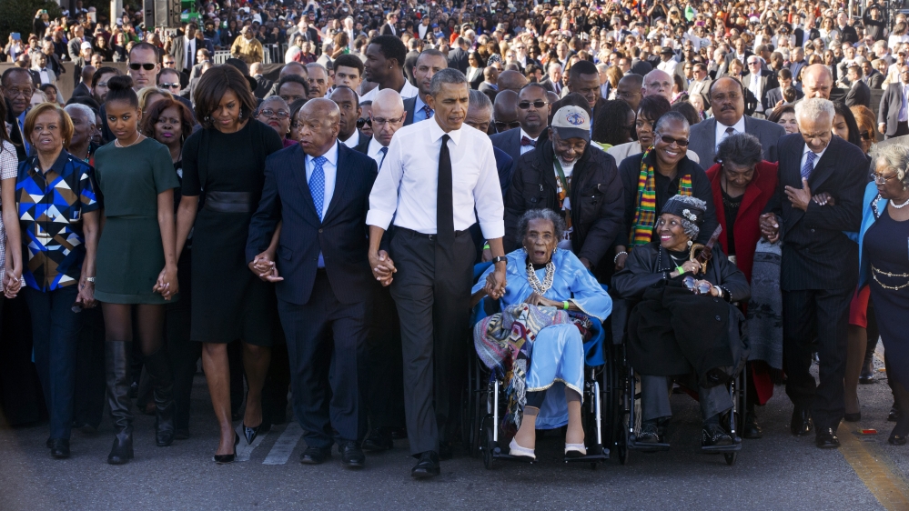 Barack Obama, Michelle Obama, Malia Obama, Sasha Obama, Marian Robinson, John Lewis, Amelia Boynton