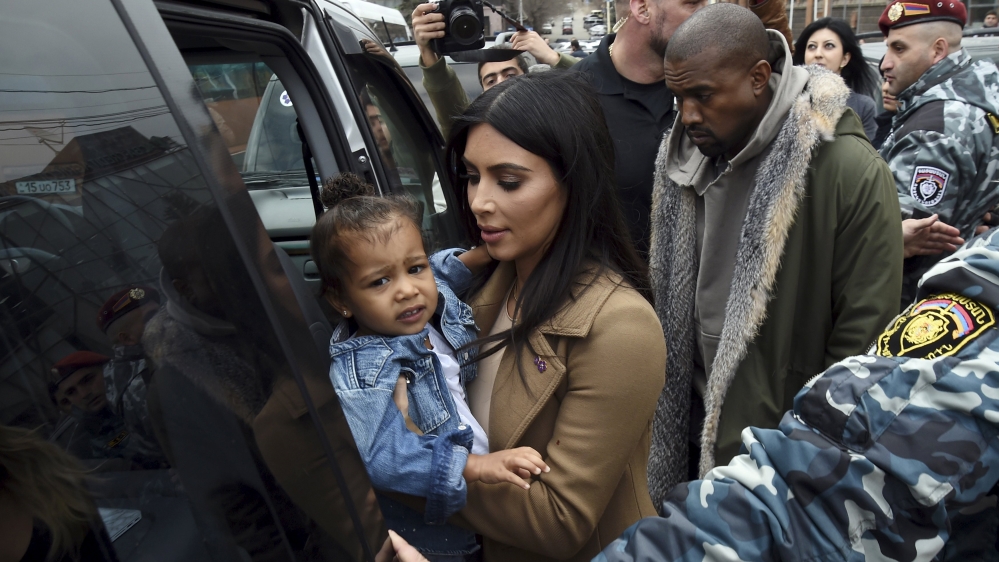 Kardashian with Kanye West and their daughter North during their visit to Yot Verk Church in Gyumri