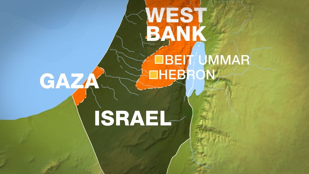 Map of West Bank showing, Beit Ummar, Hebron also Israel and Gaza