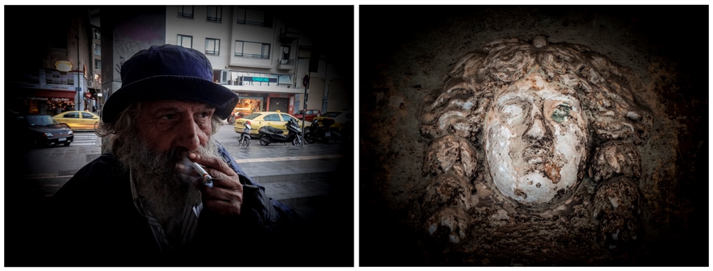 On the left: a homeless man smoking a cigarette. On the right: a close up of a statue. Athens, Greece [Matina Pashali]