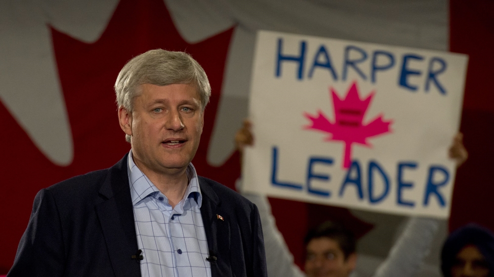Conservative leader Stephen Harper delivers his campaign speech during a campaign stop in Mississauga, Ontario, Canada [AP]
