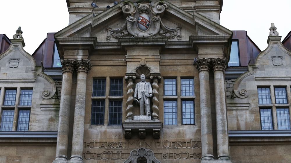 The statue of Cecil Rhodes is seen on the facade of Oriel College in Oxford, southern England [REUTERS]