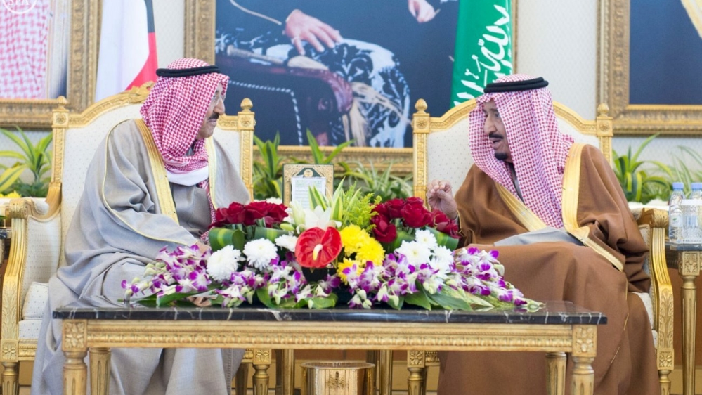 Saudi King Salman meets the Emir of Kuwait Sheikh Sabah Al-Ahmad Al-Jaber Al-Sabah before the Gulf Cooperation Council (GCC) summit in Riyadh