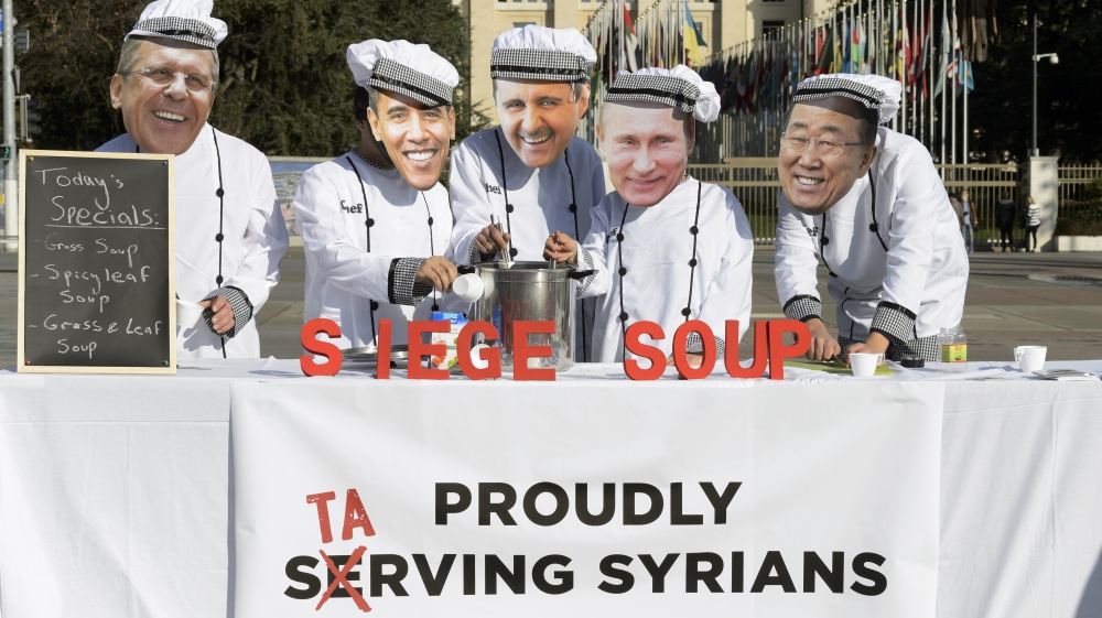 Protesters wearing masks depicting Lavrov, Obama, Assad, Putin and Ban Ki-moon in Geneva, Switzerland [AP]