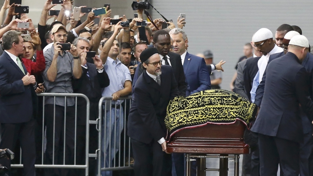 The coffin of late boxing champion Muhammad Ali arrives for a jenazah, an Islamic funeral prayer, in Louisville