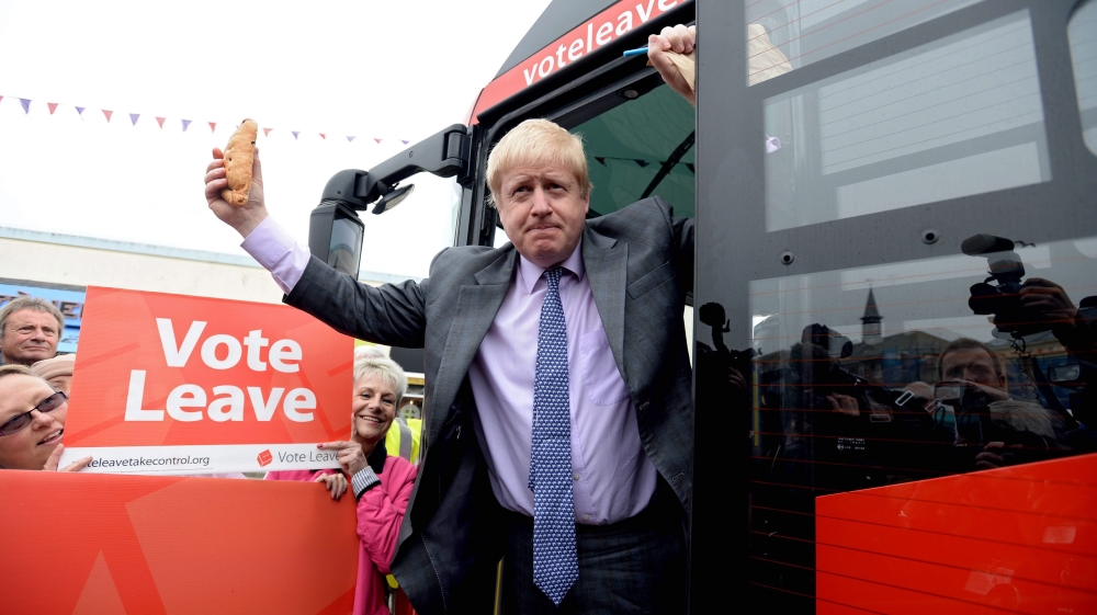 Former Mayor of London Boris Johnson poses as he launches the Vote Leave Bus Tour in St Austell, Cornwall, Britain [EPA]