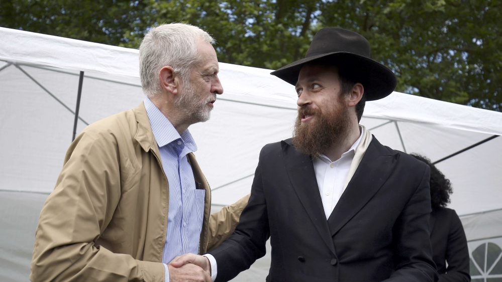 Jeremy Corbyn shakes hands with Rabbi Mendy Korer at an anti-racism rally in London, Britain [REUTERS]