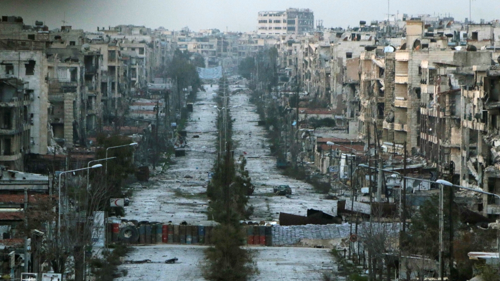 A general view shows a damaged street with sandbags used as barriers in Aleppo''s Saif al-Dawla district
