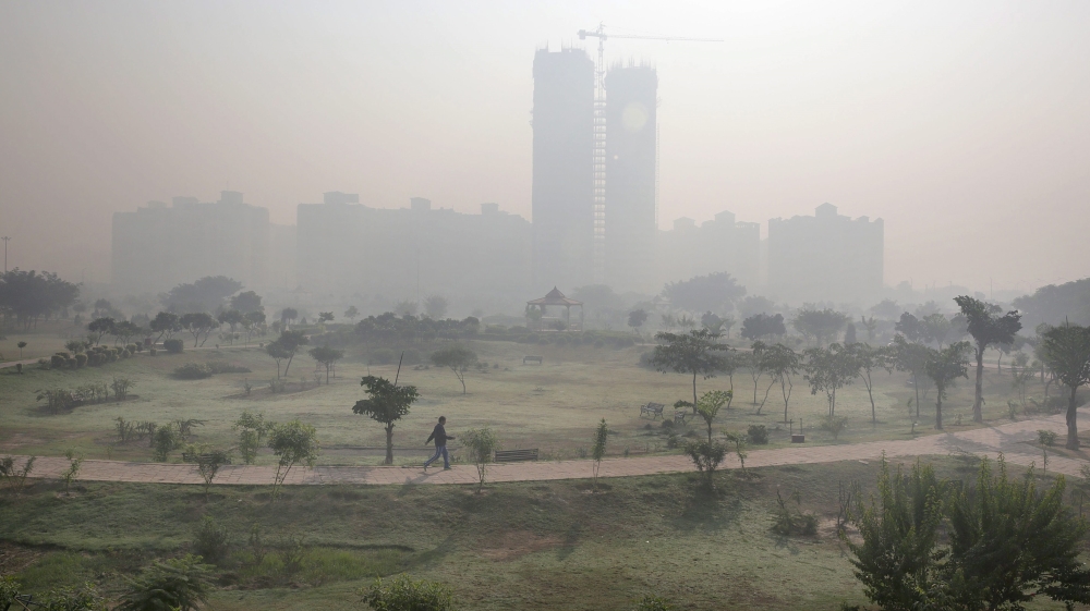 Indian man takes a morning walk in a public garden surrounded by the smog