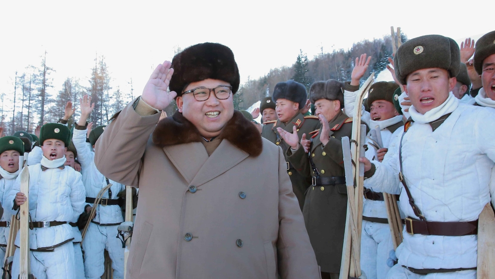 North Korean leader Kim Jong Un provides guidance to the skiing training of the mountain infantry battalion under KPA Unit 1045