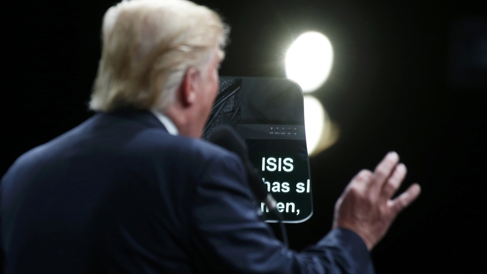 The word Isis is pictured on a teleprompter as Republican presidential nominee Donald Trump speaks at a campaign event in Selma