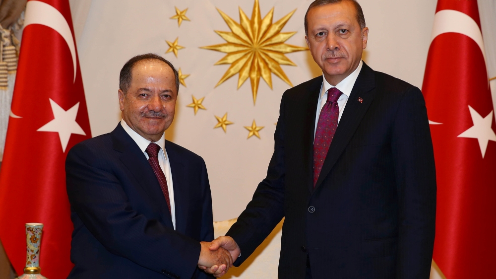 Turkey''s President Tayyip Erdogan shakes hands with President of Iraqi Kurdistan Masoud Barzani