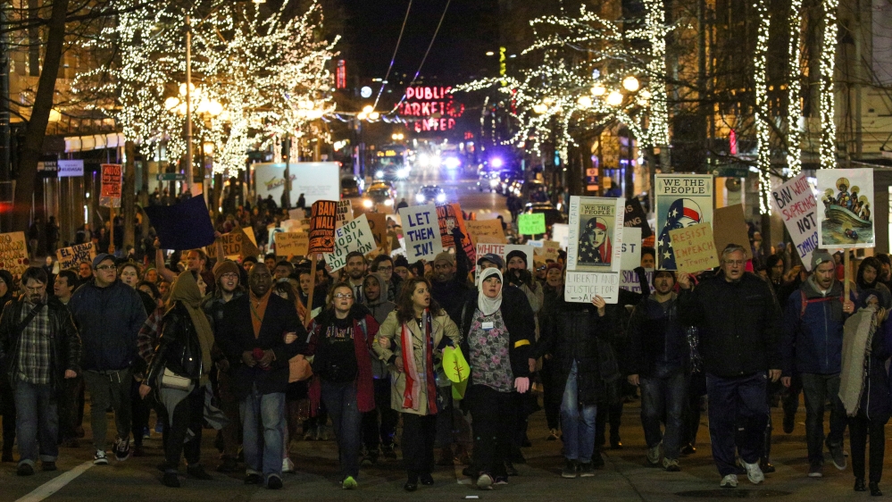 Protests in cities across the country and at airports broke out against Trump's Muslim ban [File: David Ryder/Reuters]