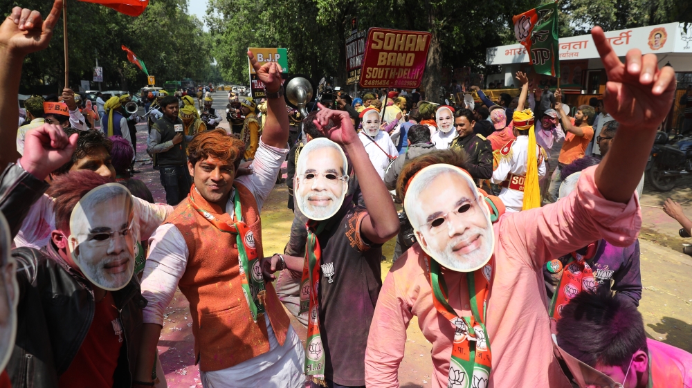 BJP Celebrations as they lead in Uttar Pradesh state elections
