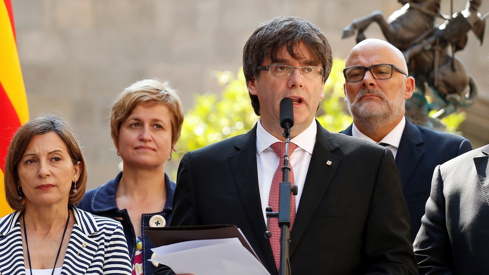 Catalonia''s regional President Carles Puigdemont announces a referendum on a split from Spain outside the Palau de la Generalitat, the regional government headquarters, in Barcelona