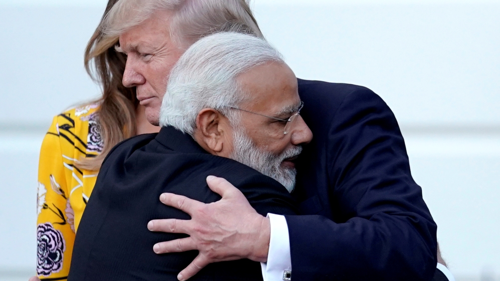 India''s Prime Minister Narendra Modi hugs U.S. President Donald Trump as he departures the White House after a visit, in Washington, U.S.