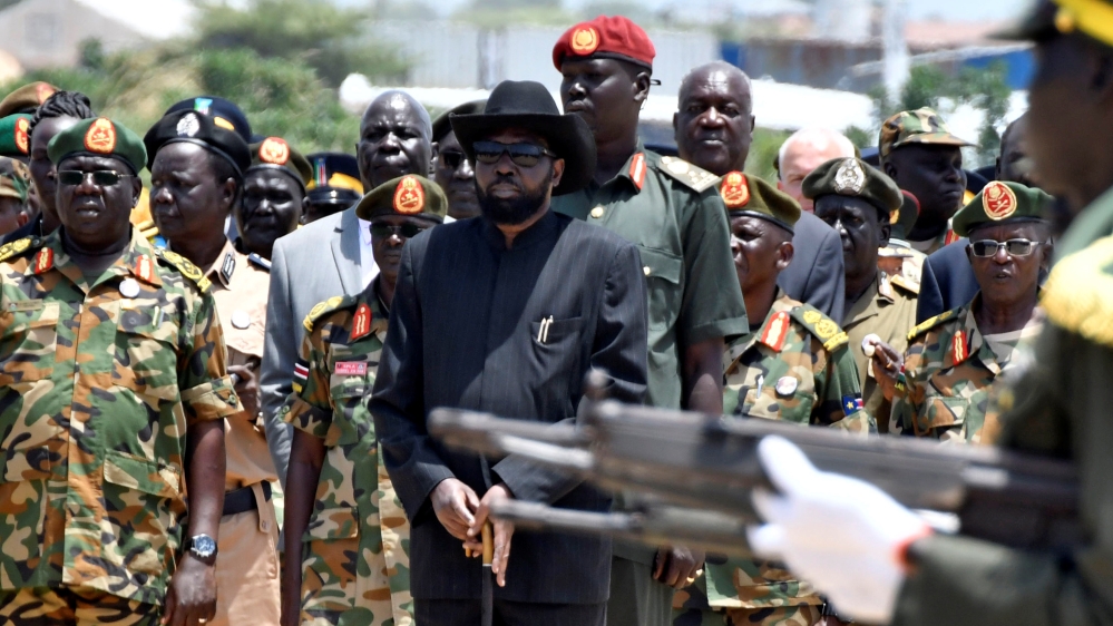 South Sudan''s President Salva Kiir arrives to receive the dead body of army chief General James Ajongo Mawut, at Juba airport