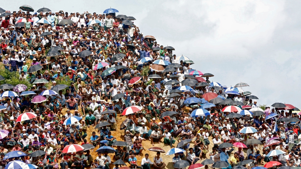 Rohingya refugees gather to mark the second anniversary of the exodus at the Kutupalong camp in Cox’s Bazar