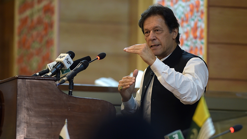 Pakistan''s Prime Minister Imran Khan addresses the legislative assembly in Muzaffarabad, the capital of Pakistan-controlled Kashmir on August 14, 2019, to mark the country''s Independence Day. - His vi