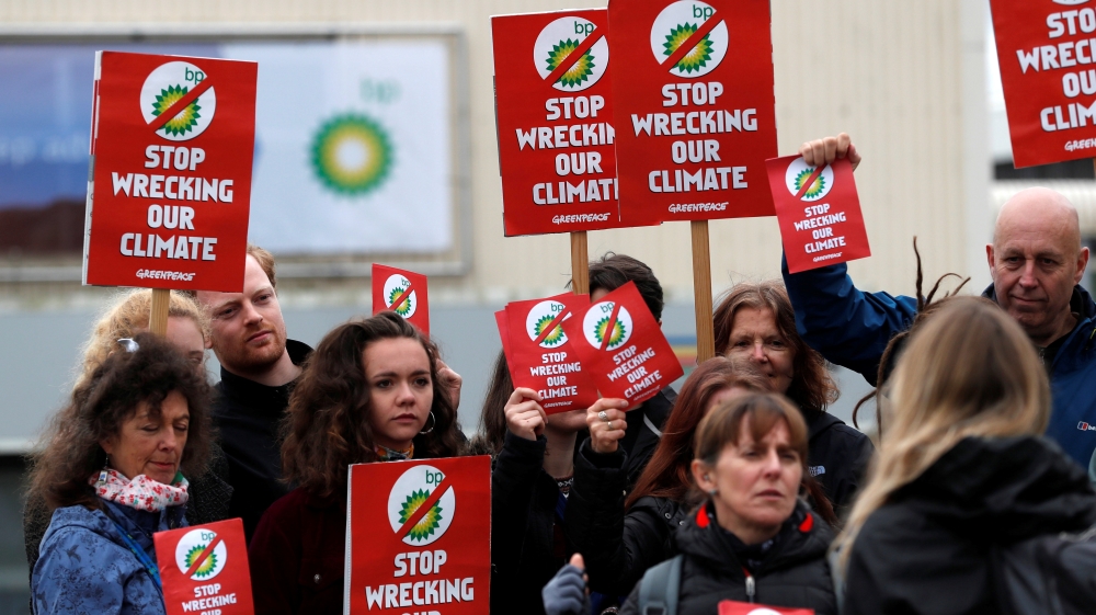 Climate change activists demonstrate outside the BP AGM in Aberdeen