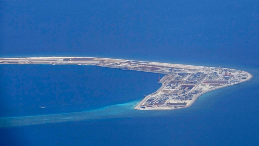 An aerial view of the disputed Subi reef shows China’s construction of maritime and aerial facilities on reclaimed land in 2017