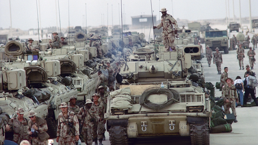 (FILES) In this file photo taken on August 28, 1990, US Army tanks from the 24th Infantry Division are unloaded during military manoeuvres in Saudi Arabia as US army was deployed in the Persian Gulf s