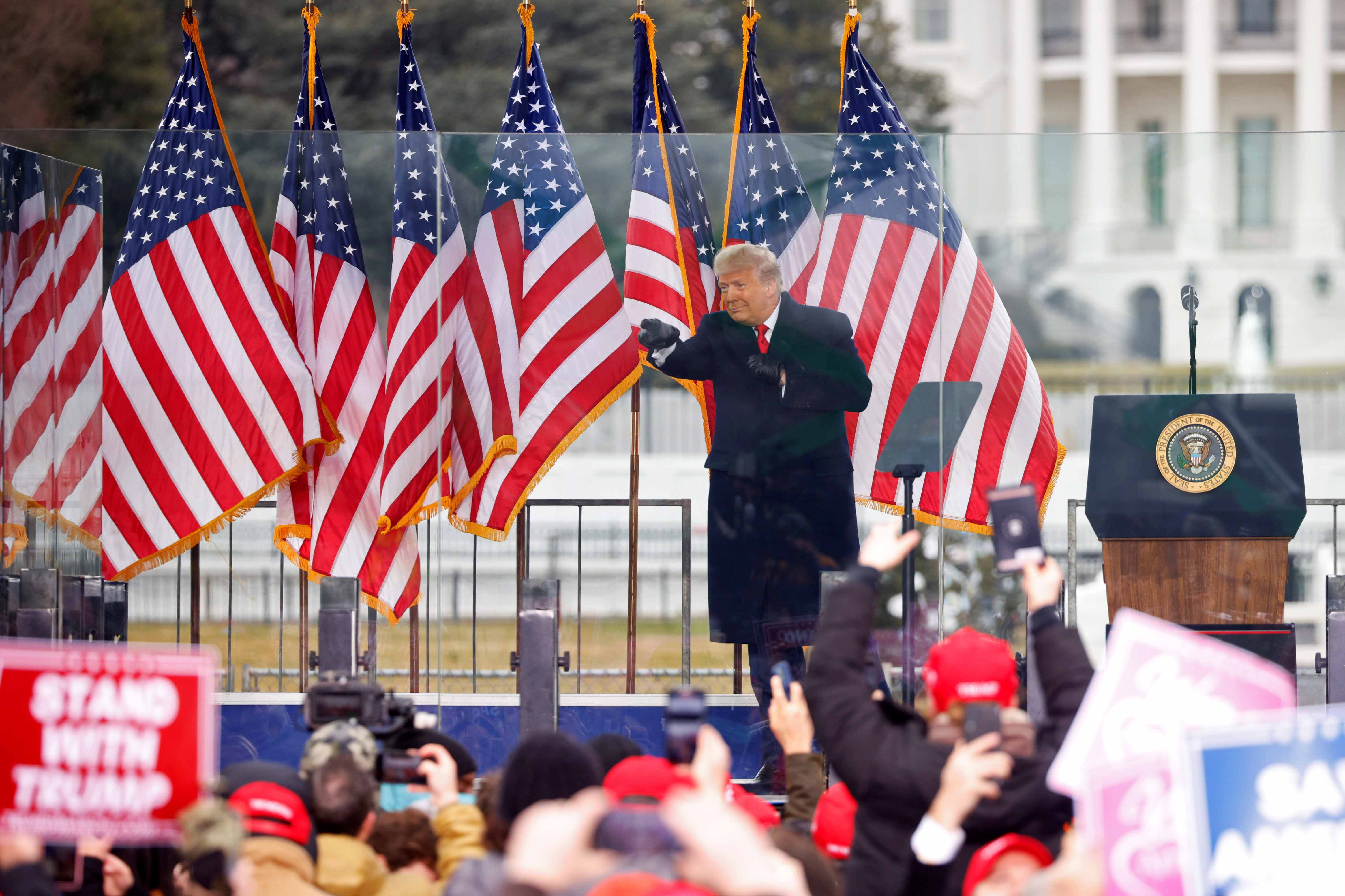 US President Donald Trump gestures at the end of his speech during a rally to contest the certification of the 2020 US presidential election results by the Congress, in Washington on January 6, 2021 [Reuters/Jim Bourg]