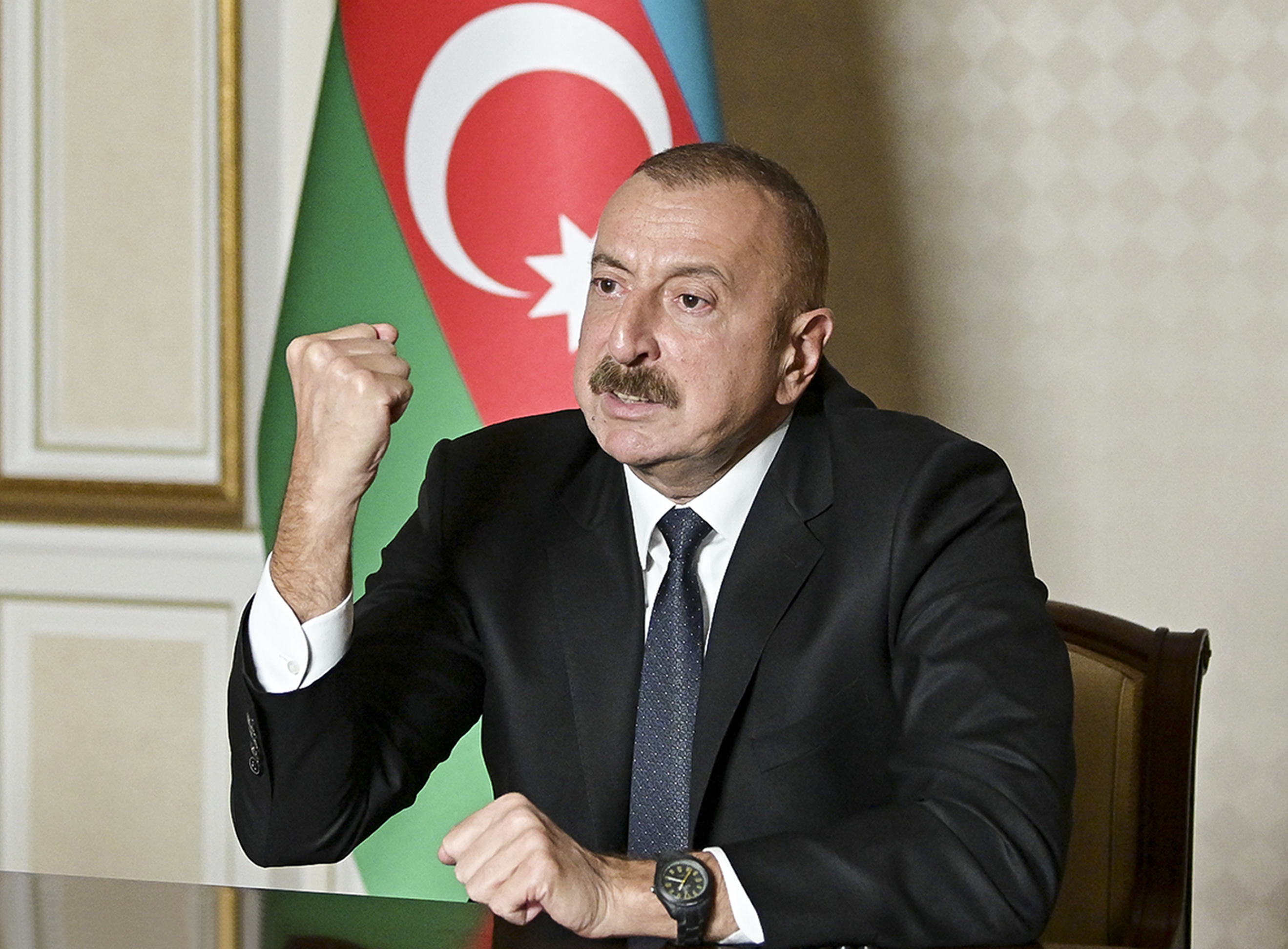 President Aliyev has touted the success of a September lightning offensive in which Azerbaijan retook the former breakaway region of Nagorno-Karabakh from ethnic Armenian forces [File: Azerbaijani Presidential Press Office via AP]