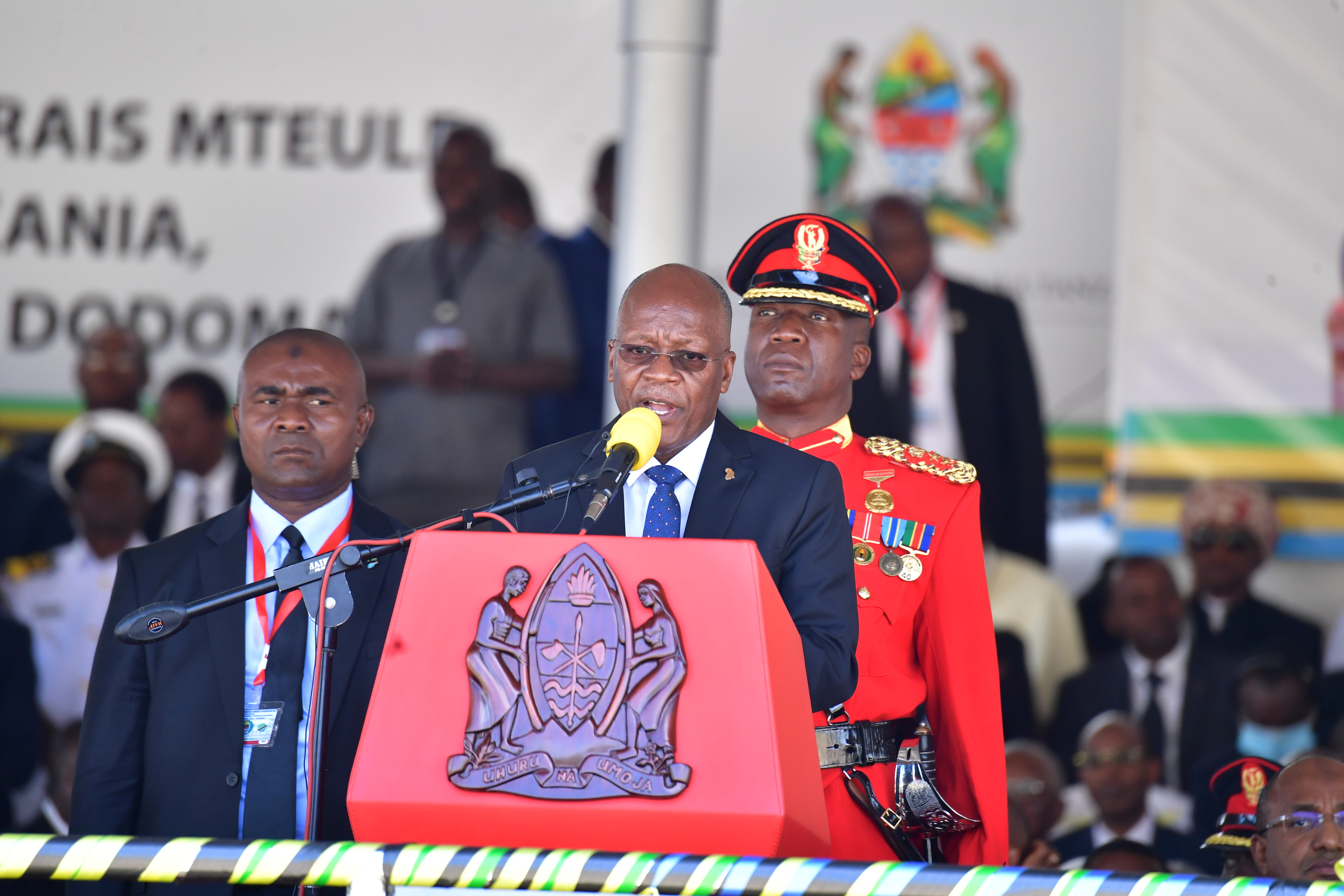 Tanzania&#39;s re-elected President John Pombe Magufuli addresses supporters after he was sworn-in for the second term in Dodoma, Tanzania [Tanzania State House Press/Handout via Reuters]