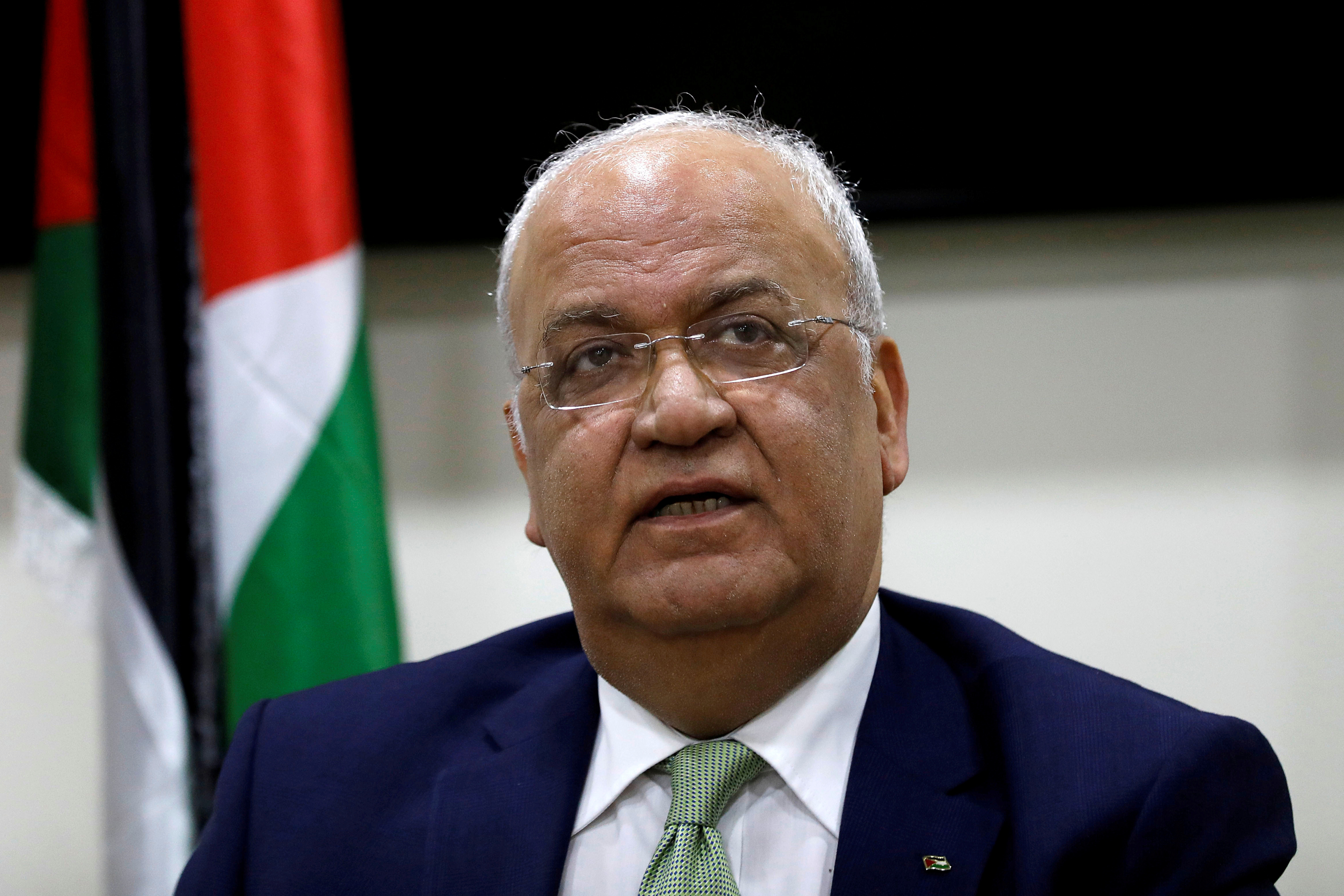 FILE PHOTO: Chief Palestinian negotiator Saeb Erekat looks on during a news conference following his meeting with foreign diplomats, in Ramallah, in the Israeli-occupied West Bank January 30, 2019. REUTERS/Mohamad Torokman/File Photo