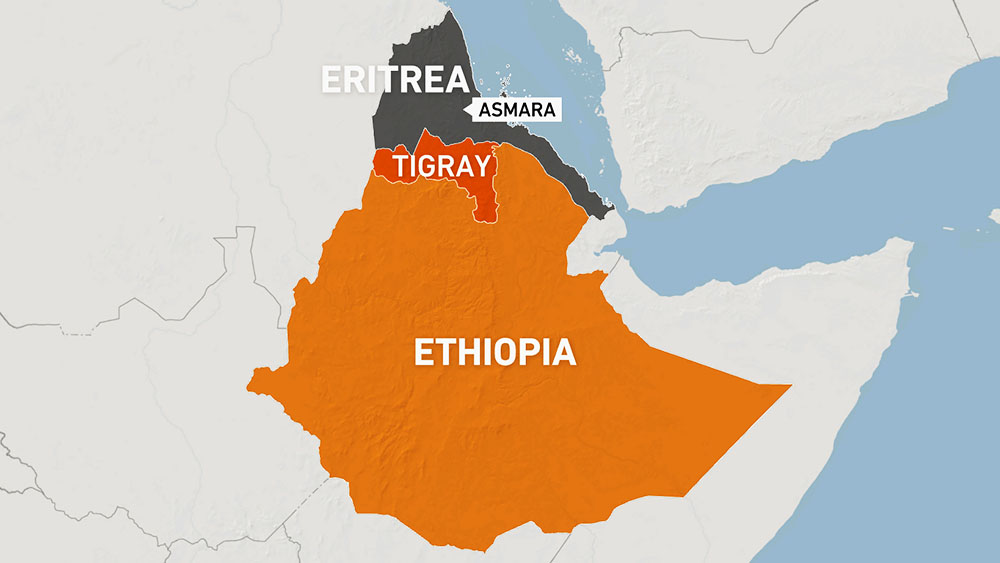 Map of Tigray region in Ethiopia, bordering Eritrea.