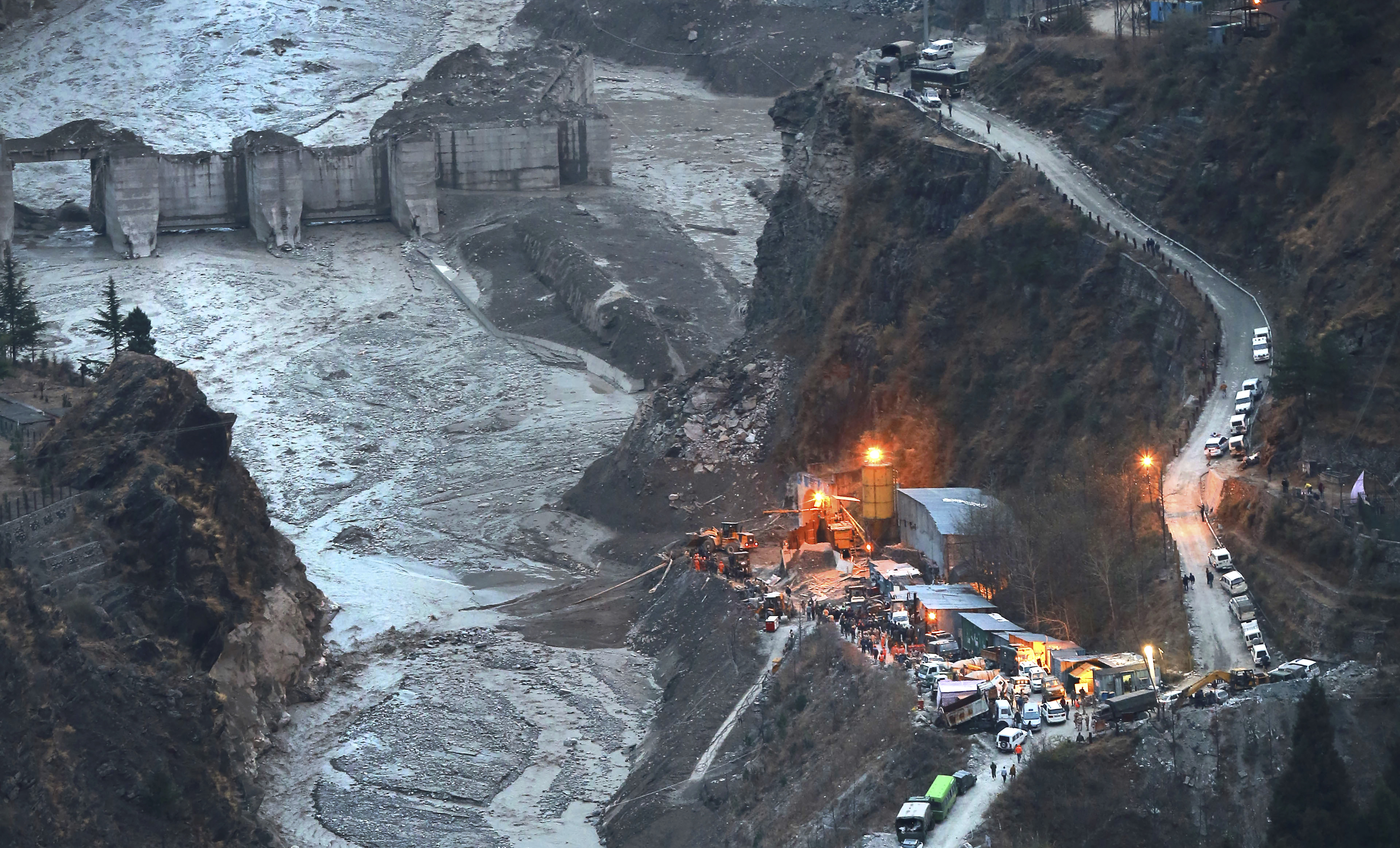 A aerial view of Tapovan barrage on Tuesday, February 9, 2021, two days after a portion of the Nanda Devi glacier snapped off, in India&#39;s northern state of Uttarakhand [AP Photo]