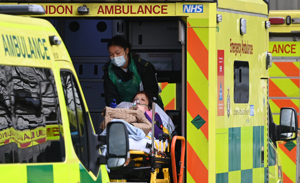 A patient arrives at a hospital in London, Britain, 06 January 2021