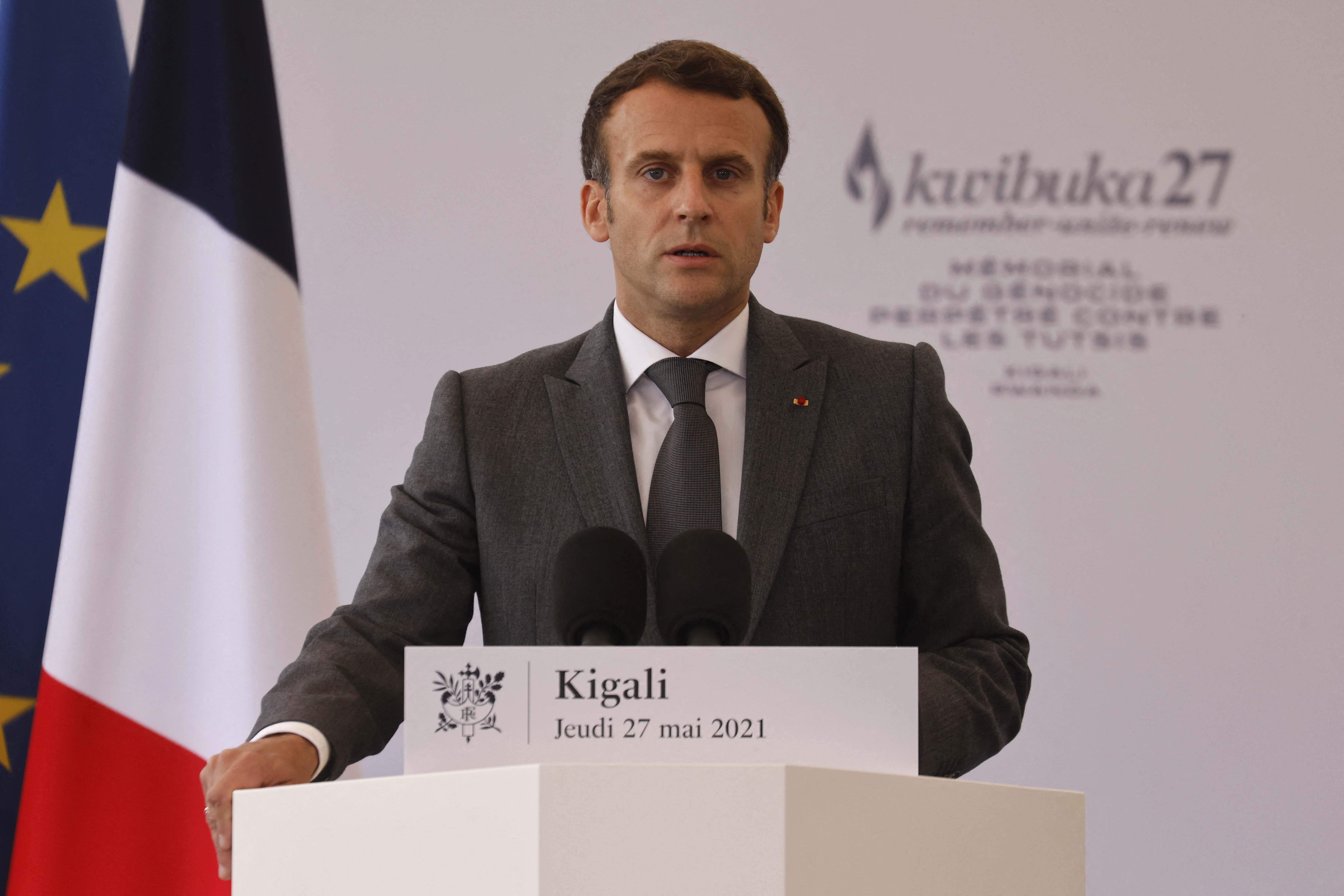 French President Emmanuel Macron delivers a speech during his visit to the Kigali Genocide Memorial [Ludovic Marin/AFP]