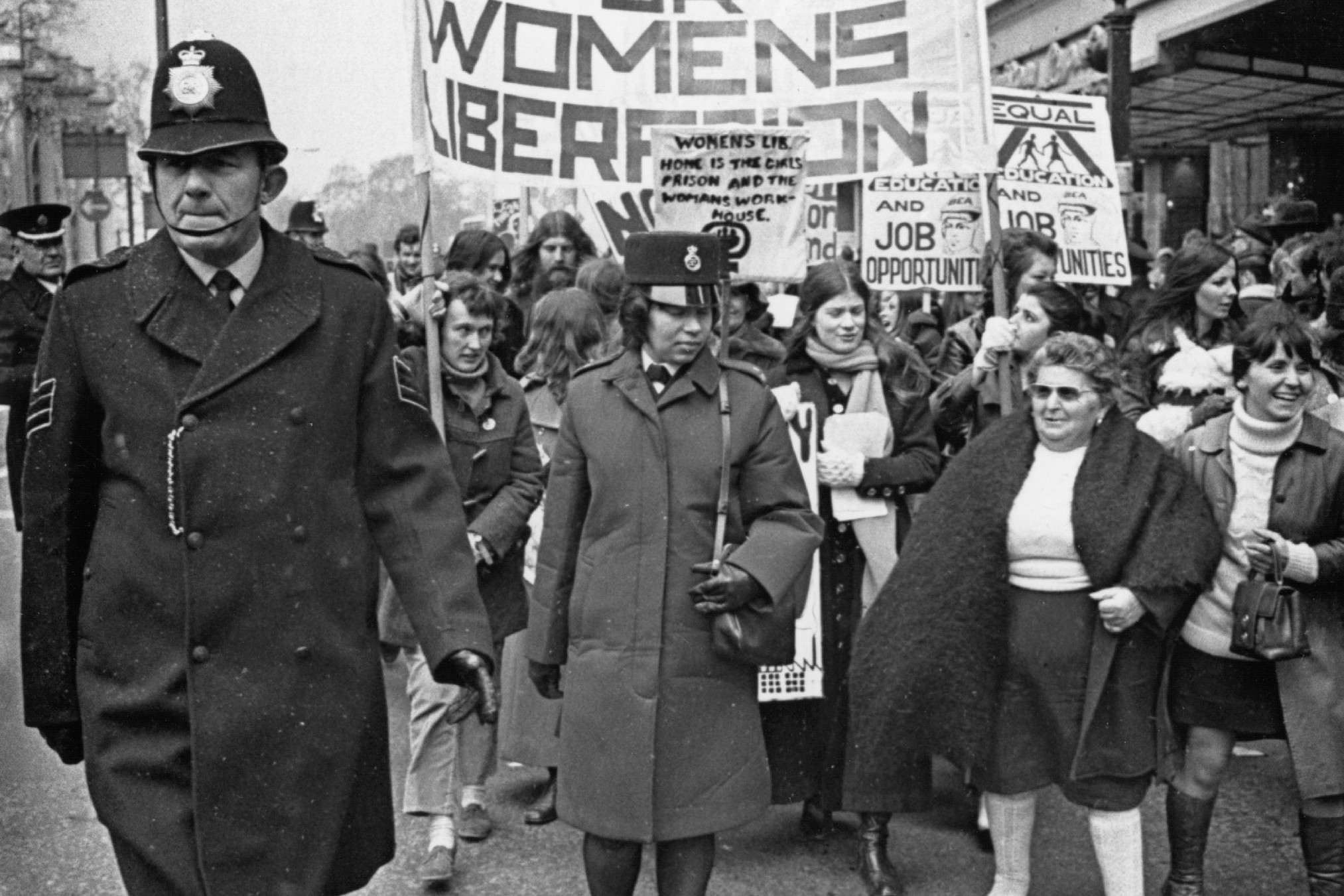 The Women&#39;s Liberation Movement march in the streets of London in 1971 [File: John Minihan/Evening Standard/Getty Images]
