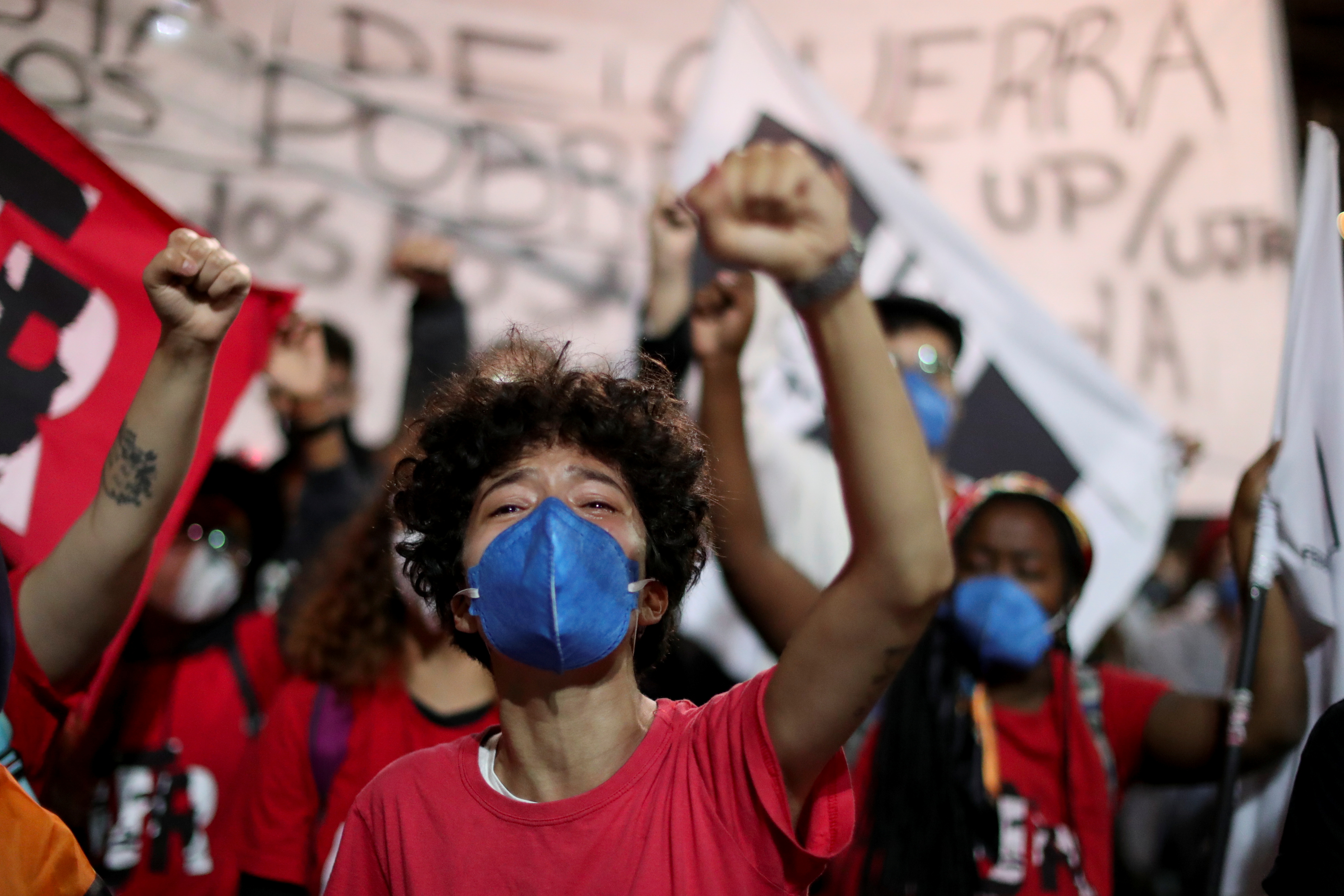 People protest against police violence after a deadly police operation in Rio de Janeiro&#39;s Jacarezinho favela, in Sao Paulo, Brazil on May 8 [Amanda Perobelli/Reuters]
