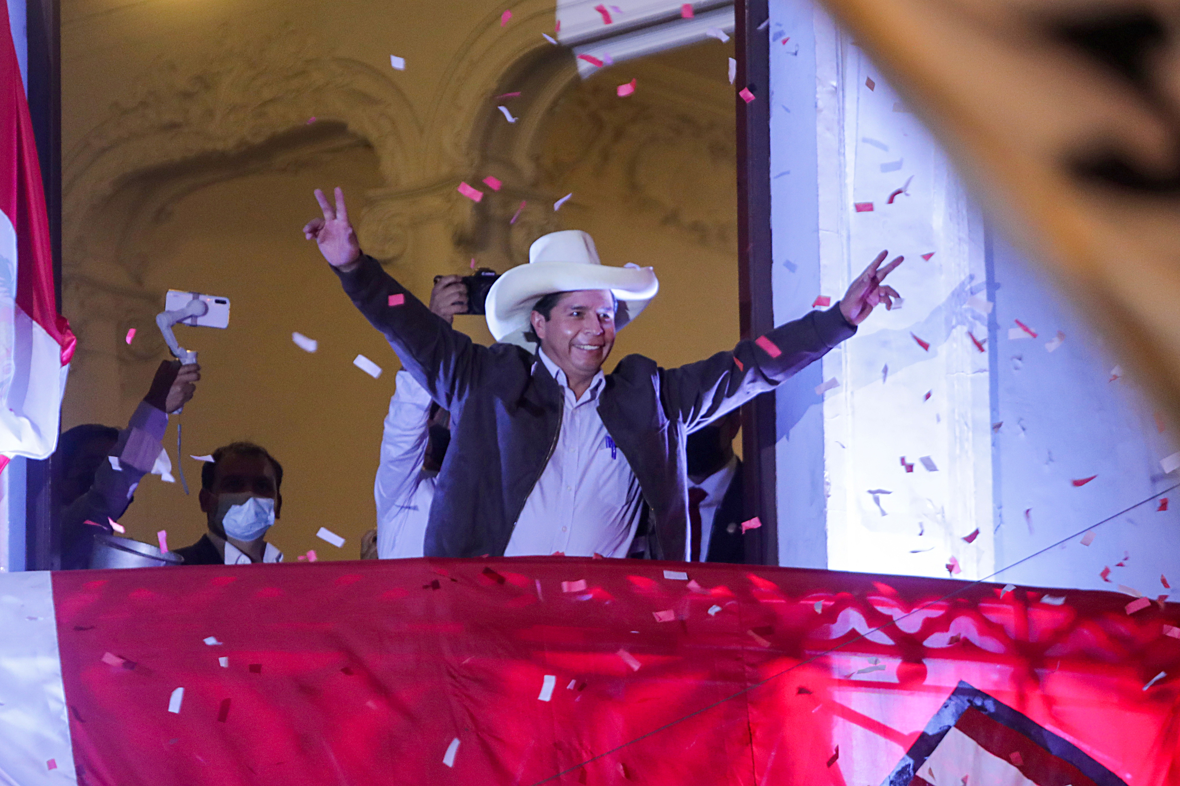 Peru&#39;s presidential candidate Pedro Castillo addresses supporters from the headquarters of the Free Peru party in Lima, Peru, June 15, 2021 [File: Sebastian Castaneda/Reuters]