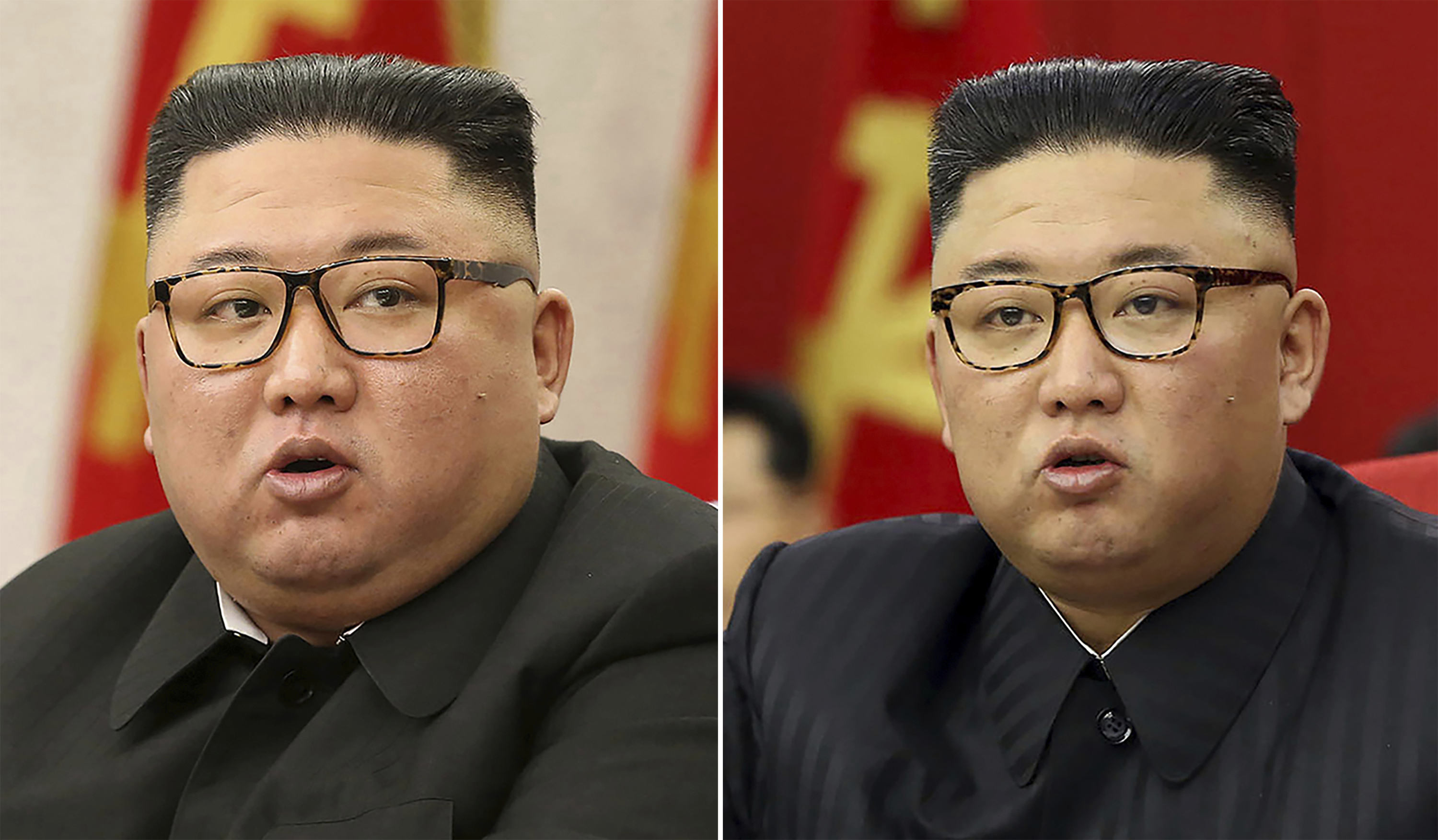 Kim Jong Un at a Workers&#39; Party meeting on February 8, left, and June 15, 2021. North Korean state TV broadcast a comment from a citizen expressing concern at his weight loss [Korean Central News Agency/Korea News Service via AP]