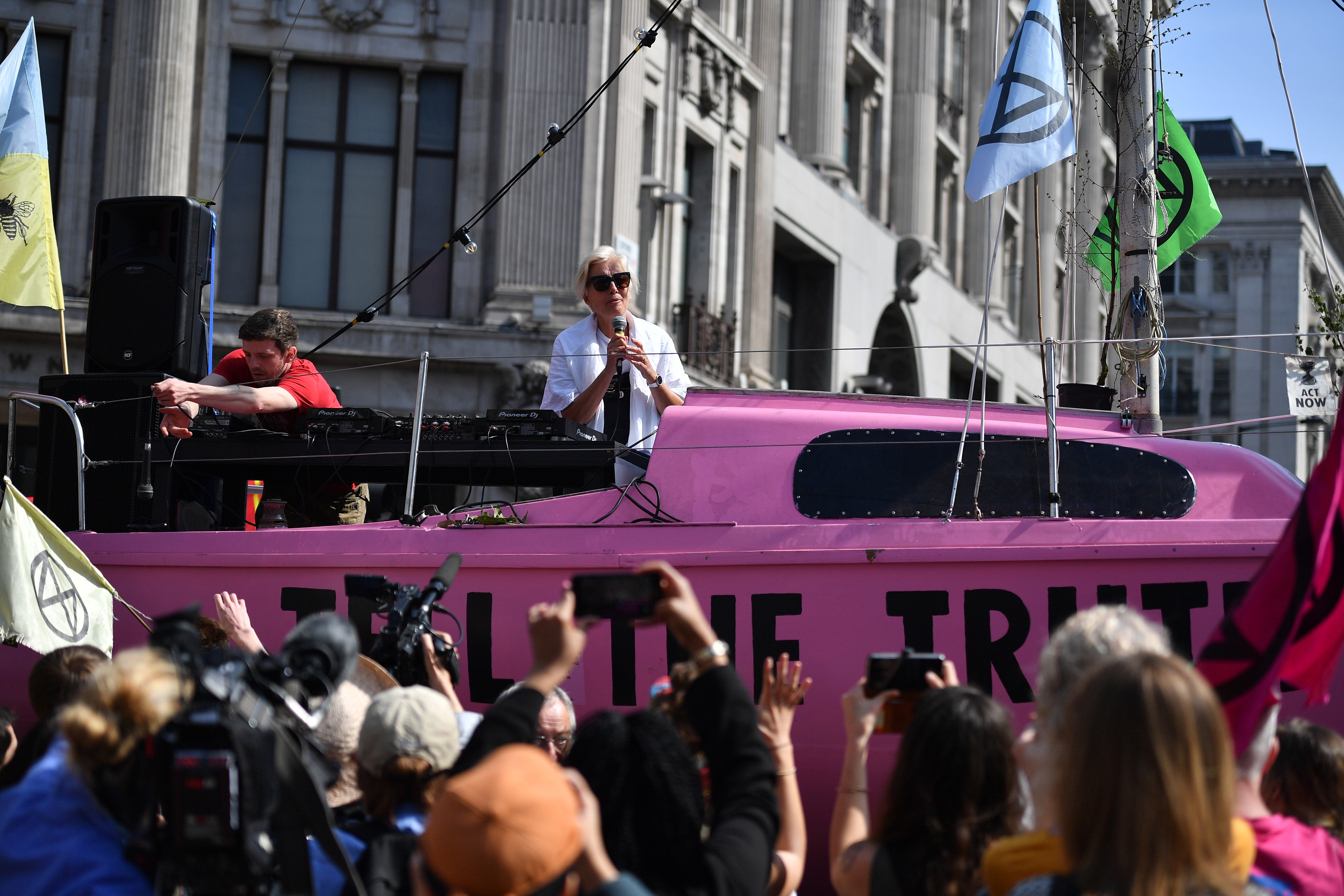 Emma Thompson joins the Extinction Rebellion protest on April 19, 2019, in London, England. The actress was heavily criticised for flying from the US to London to attend a protest about climate change [File: Leon Neal/Getty Images]