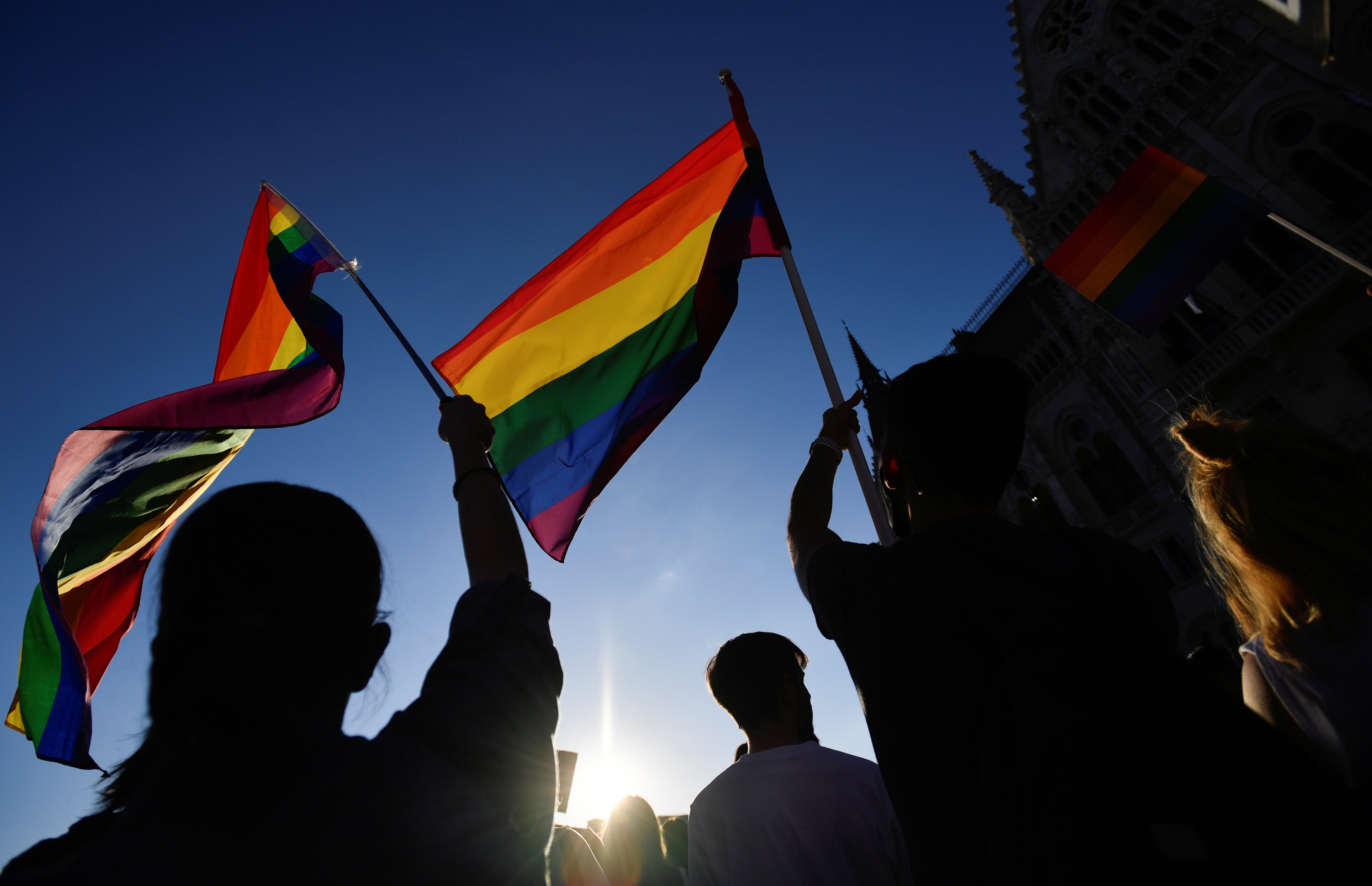 Demonstrators protest against Hungarian Prime Minister Viktor Orban and the latest anti-LGBTQ law in Budapest, Hungary, June 14 [File: Reuters]
