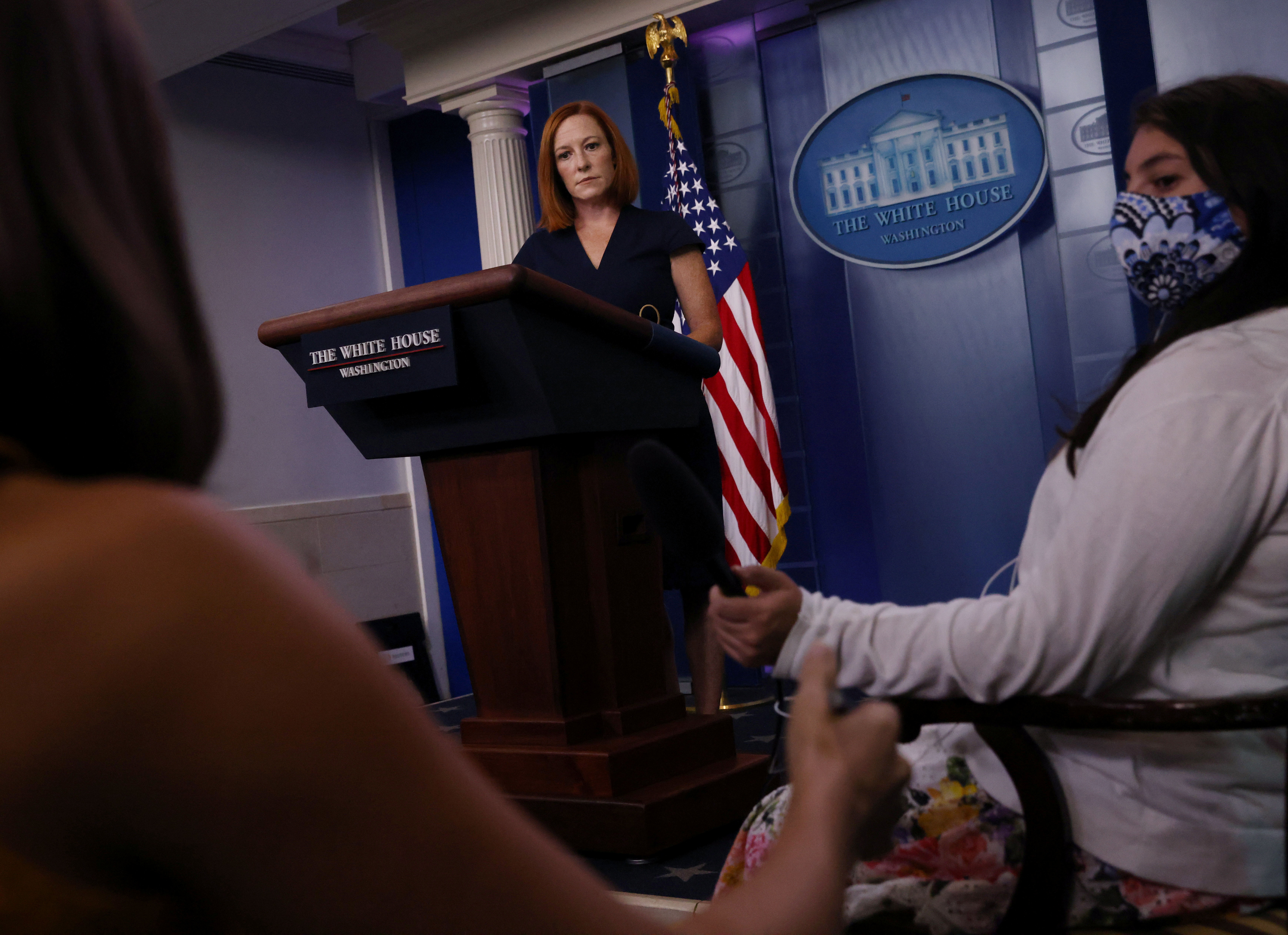 White House Press Secretary Jen Psaki answers questions about the US evacuation operations in Afghanistan during a press briefing at the White House in Washington, DC, [Leah Millis/Reuters]