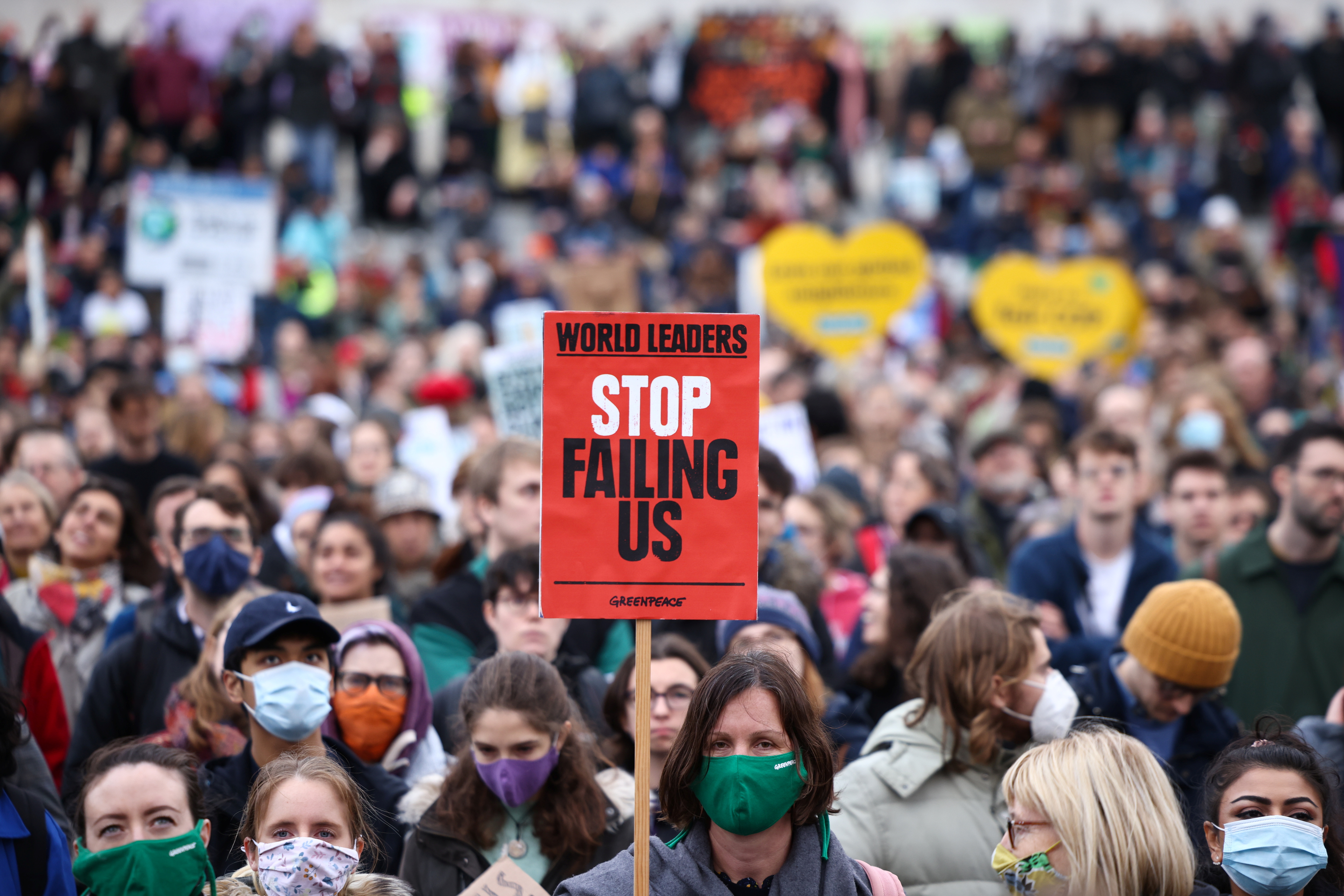 Demonstrators participate in a protest, as the UN Climate Change Conference (COP26) takes place, in London [Henry Nicholls/Reuters]