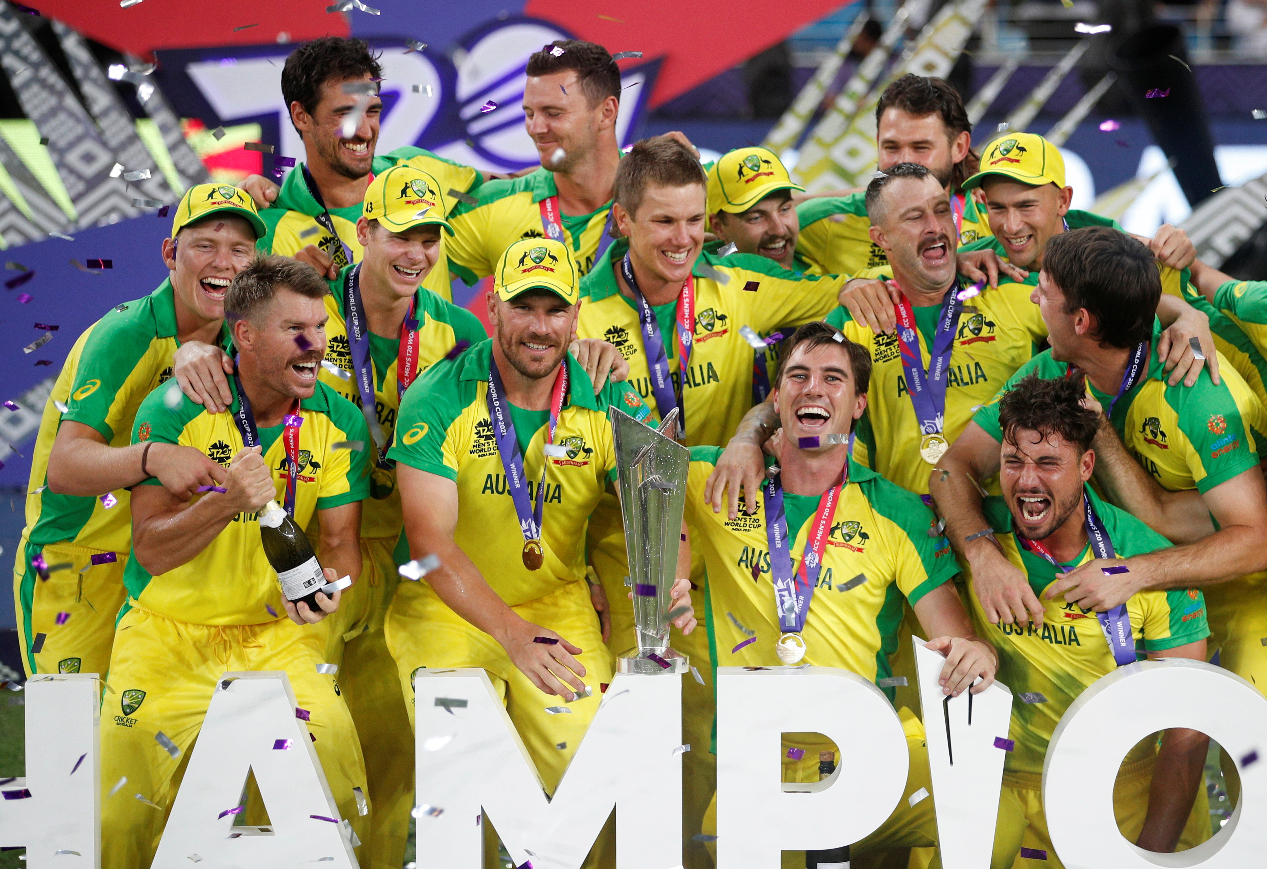 Australia celebrates winning the ICC Men&#39;s T20 World Cup in Dubai [Hamad I Mohammed/Reuters]