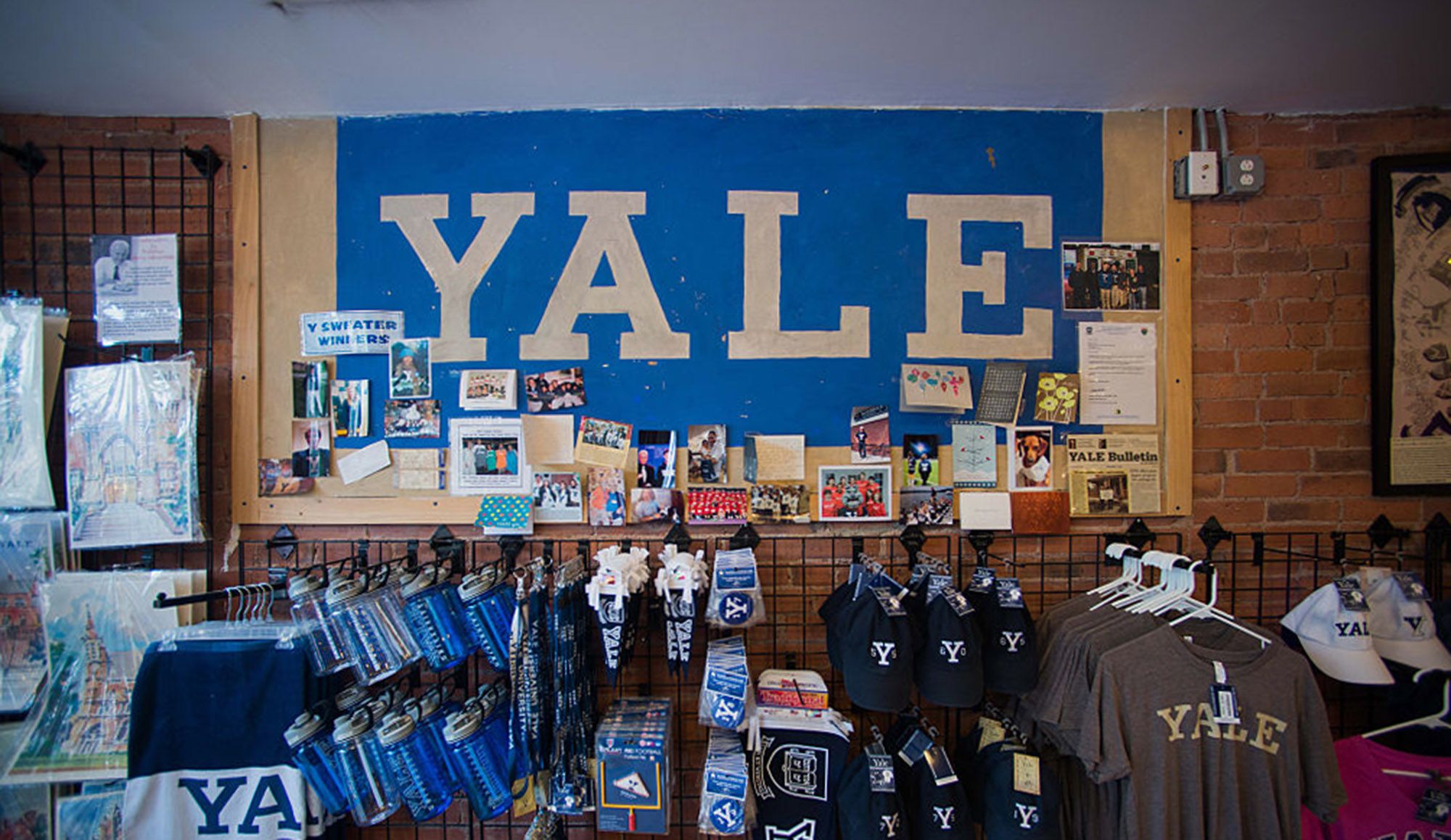 Branded items are displayed for sale at the Campus Customs store near the Yale University campus in New Haven, Connecticut