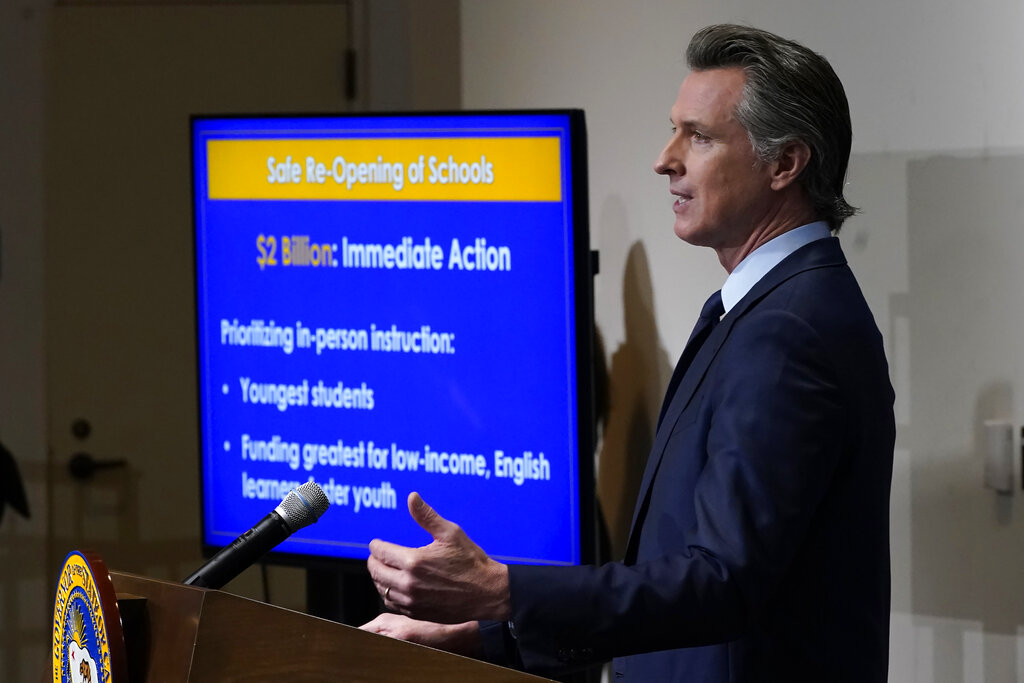 California Gov. Gavin Newsom speaks about his 2021-2022 state budget proposal during a news conference.