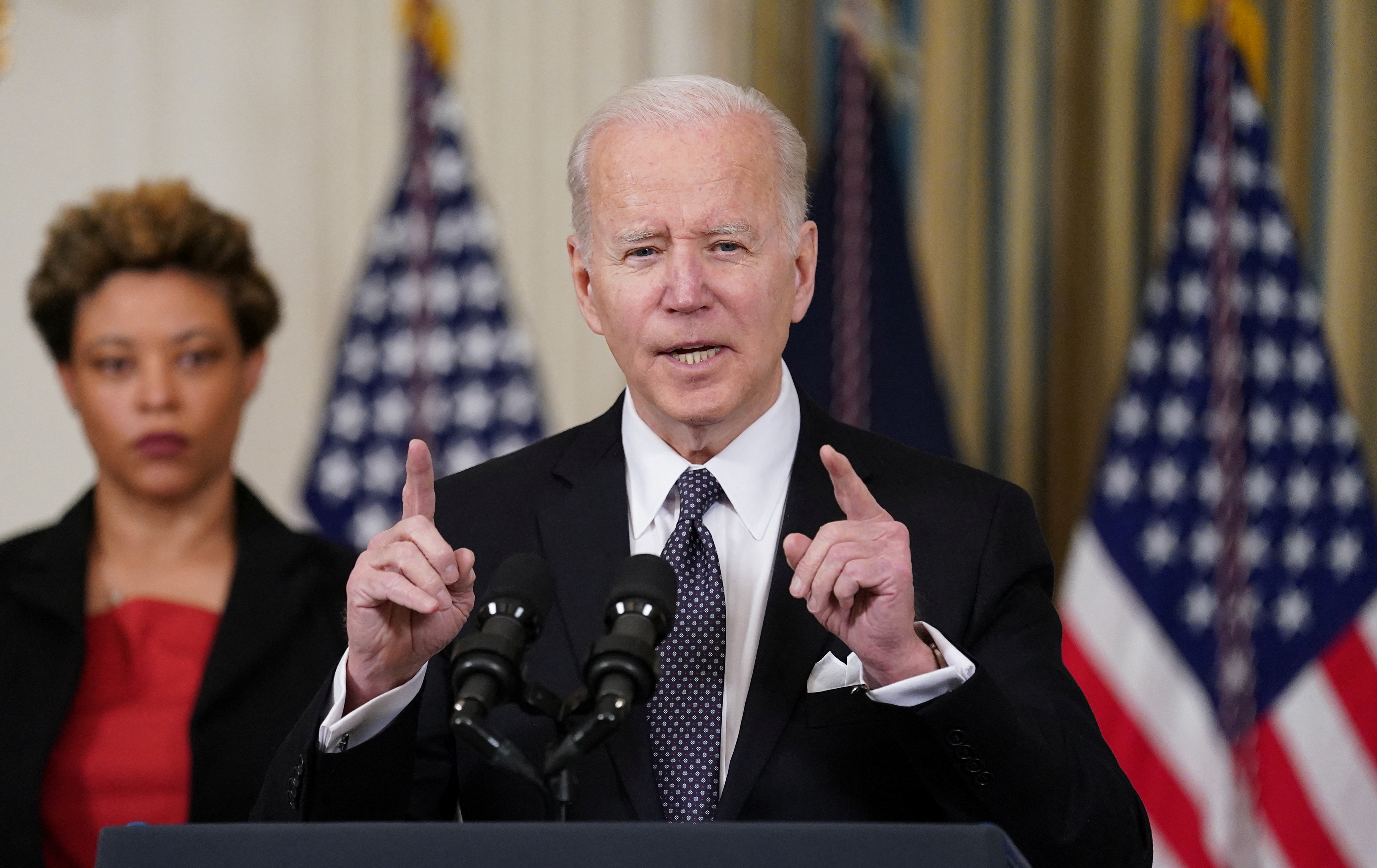 US President Joe Biden gives a speech at the White House.