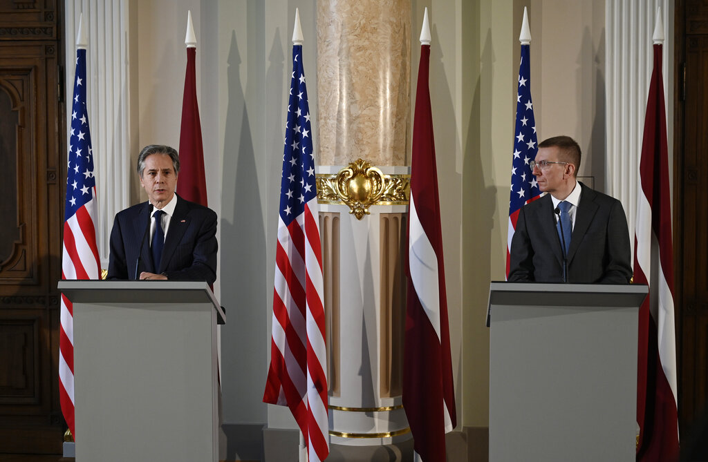 US Secretary of State Antony Blinken, left, and Latvia's foreign minister Edgars Rinkevics hold a press conference at the National Art Museum in Riga, Latvia.