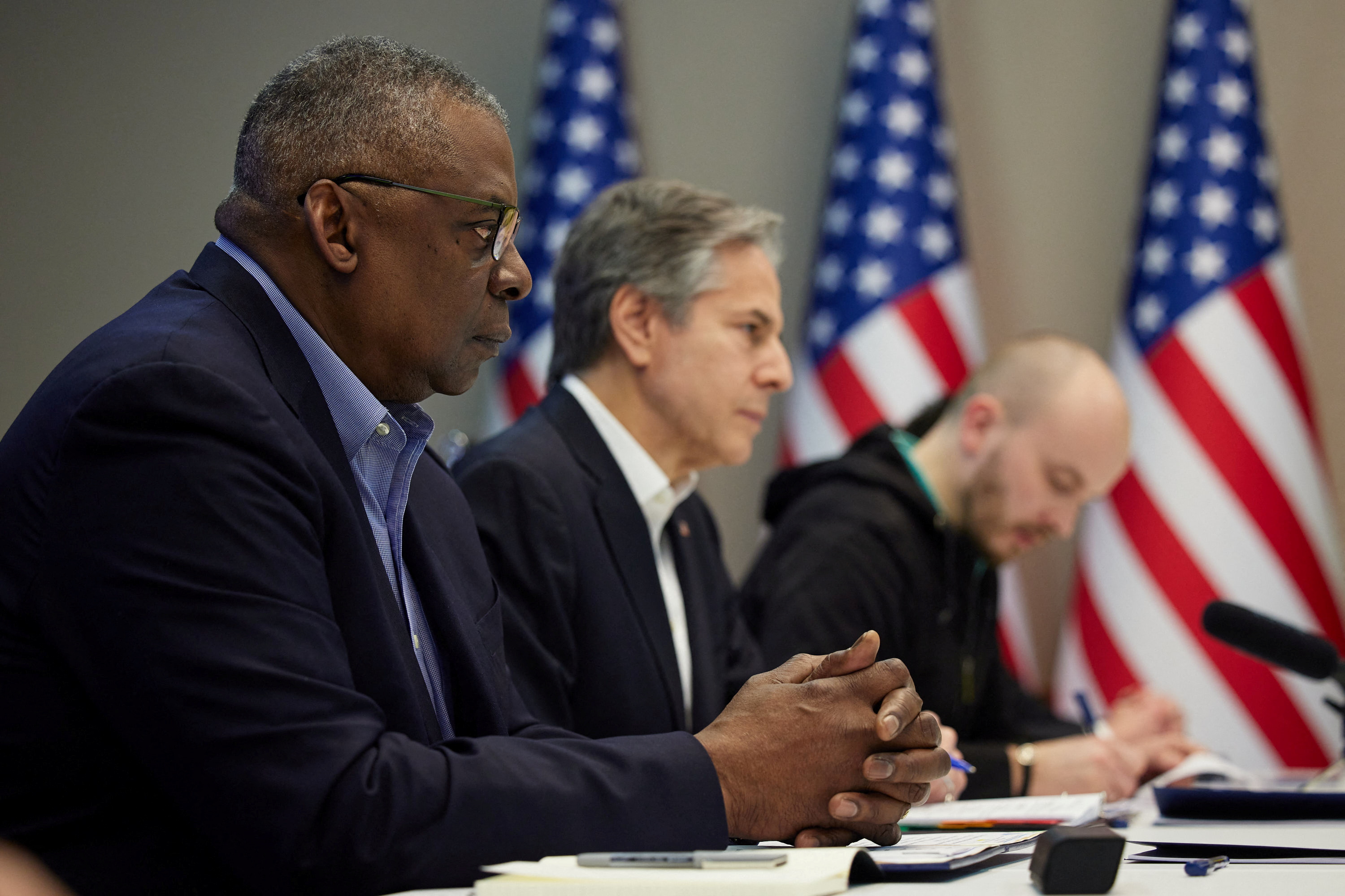 US Secretary of State Antony Blinken and US Defense Secretary Lloyd Austin in a meeting with Ukraine's President Volodymyr Zelenskyy in Kyiv.