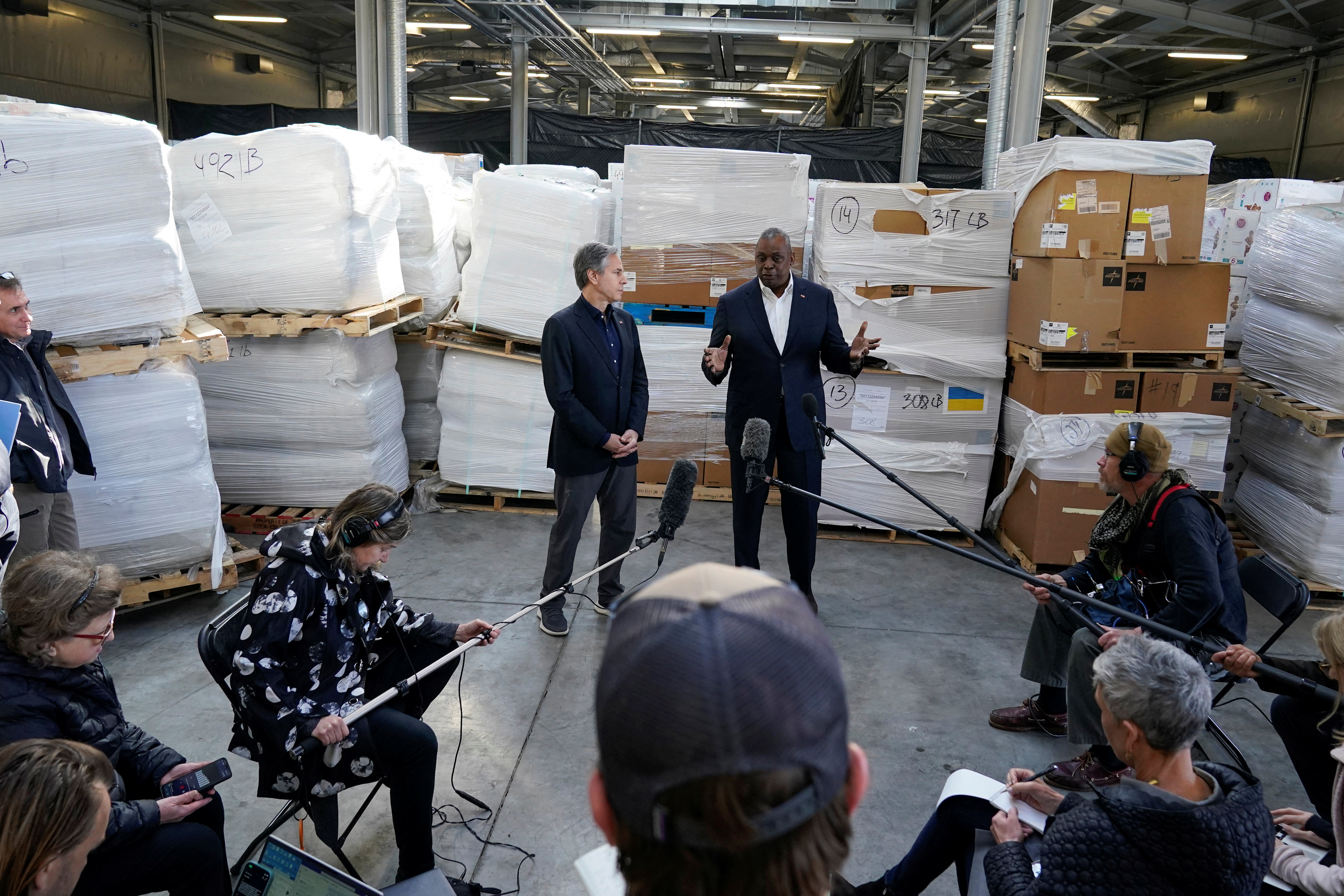 US Defense Secretary Lloyd Austin and US Secretary of State Antony Blinken speak with reporters after returning from their trip to Kyiv